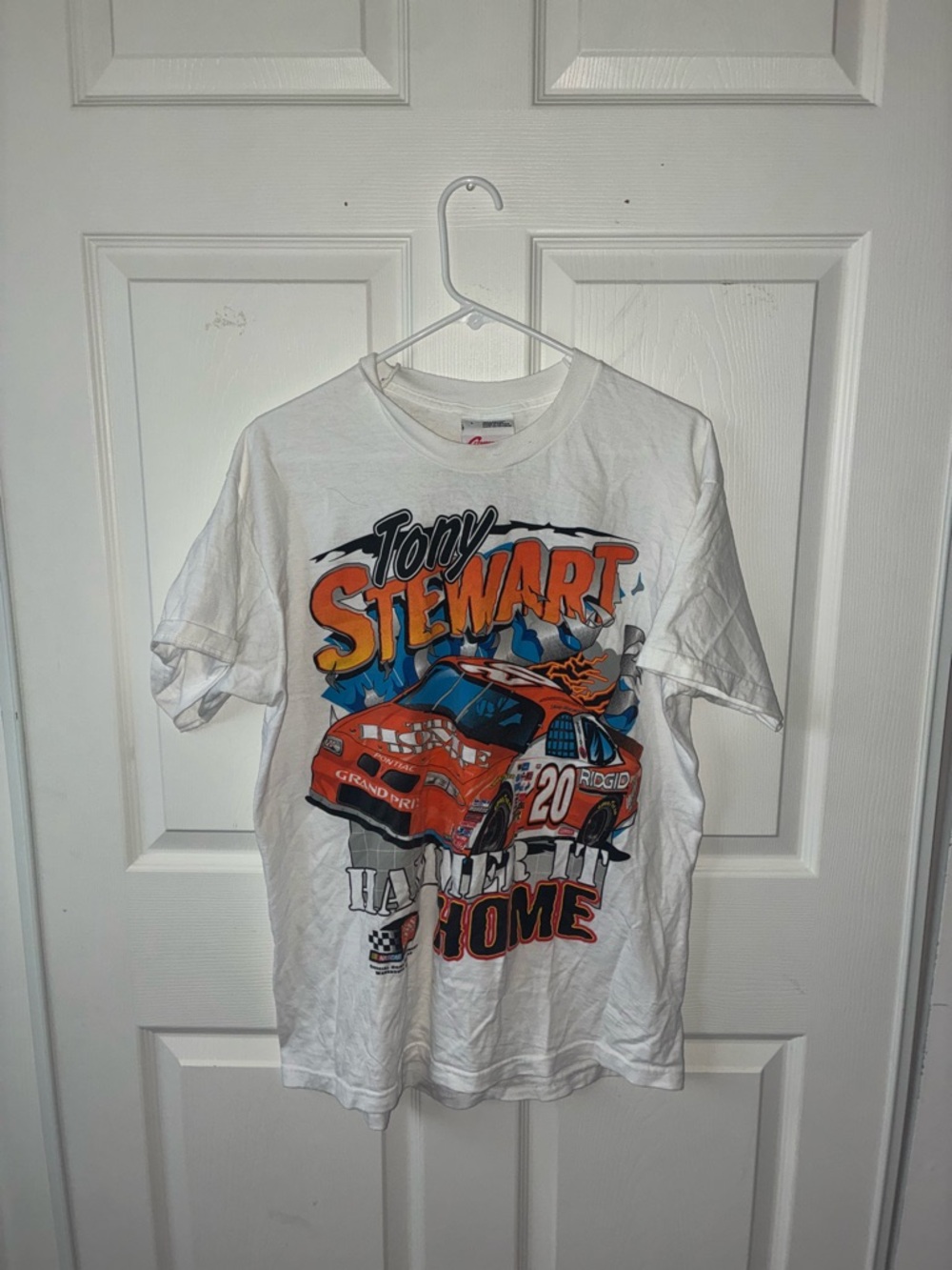 Nascar Tony Stewart White Graphic Tee with Orange and Blue Print